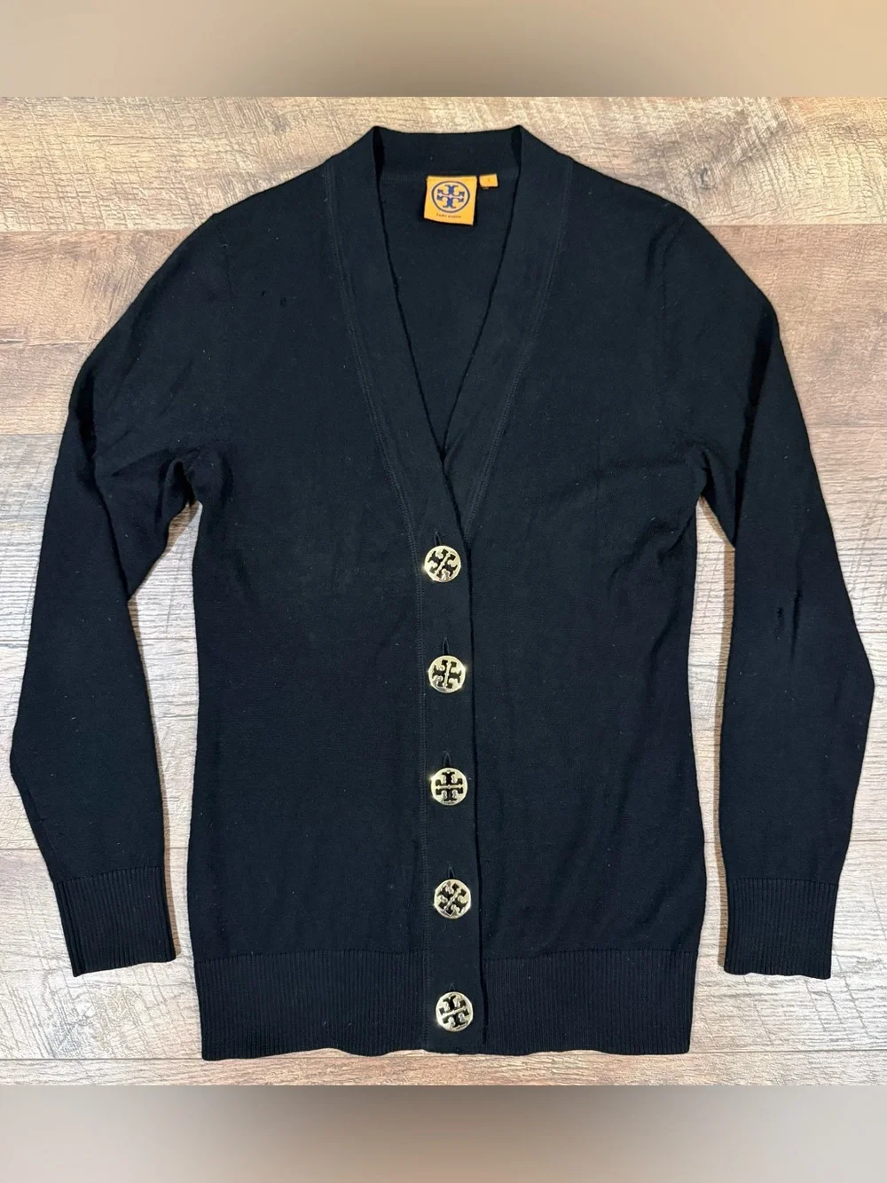Tory Burch Merino Wool Black Sweater with Oversized Gold Logo Buttons *Flaws